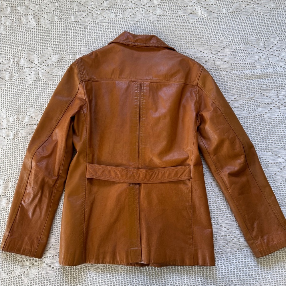 Vintage 100% leather cognac tan long line jacket small to medium euro 38 - Picture 12 of 17